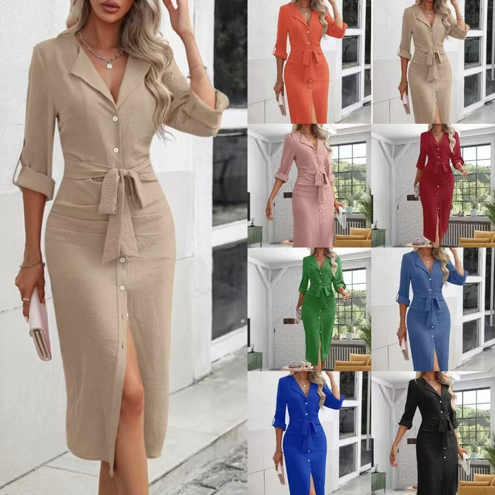 Women Tailored Shirt Blouse Midi Dress with Ties Belt, Full Button Placket and Three-Quarter Sleeves Mune Fashion