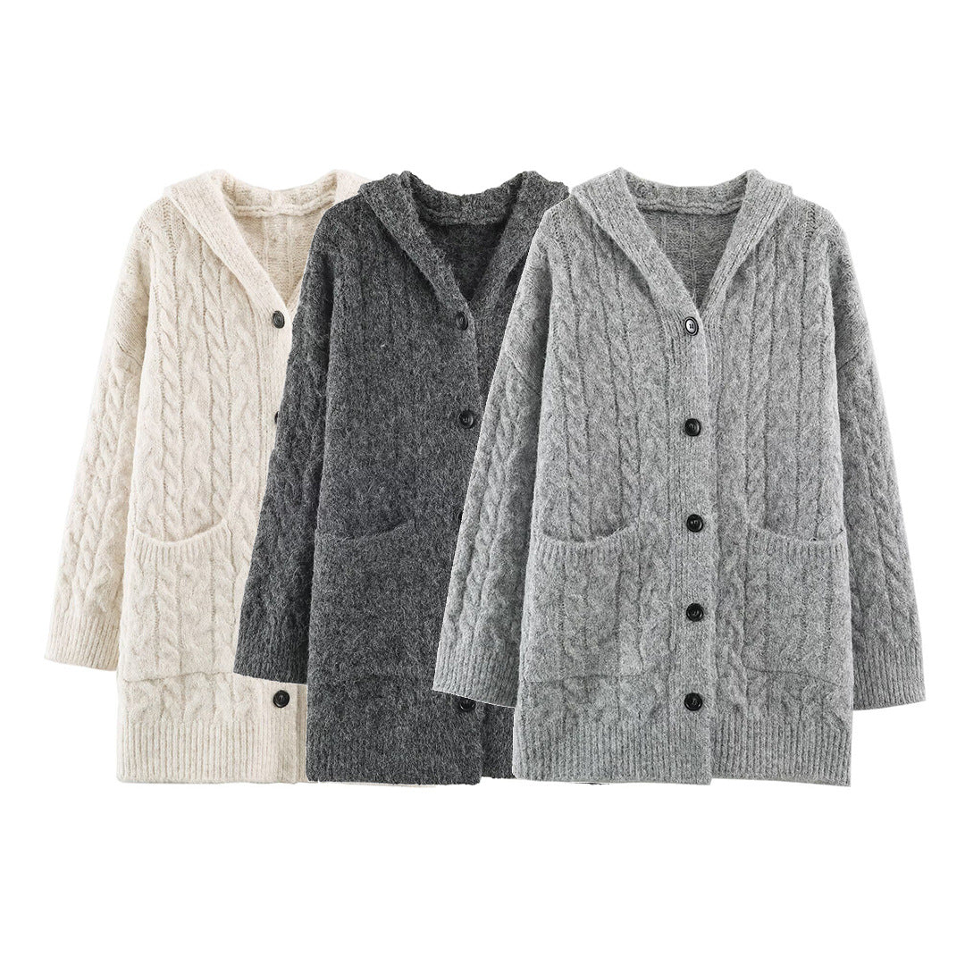 Women's Long Knitted Hooded Cardigan with Cable Pattern and Button Placket Mune Fashion