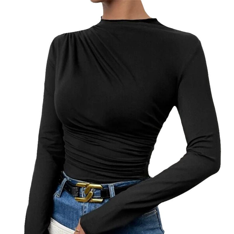 Women's Figure-hugging Long Sleeve Shirt with Side Gathering and Drapé Detail Mune Fashion