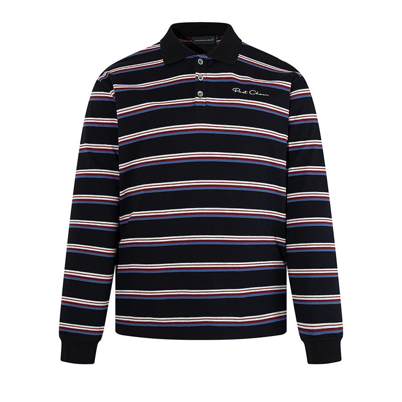 Men's Long Sleeve Polo Shirt with Retro Stripes, Ribbed Cuffs and Button Placket Mune Fashion