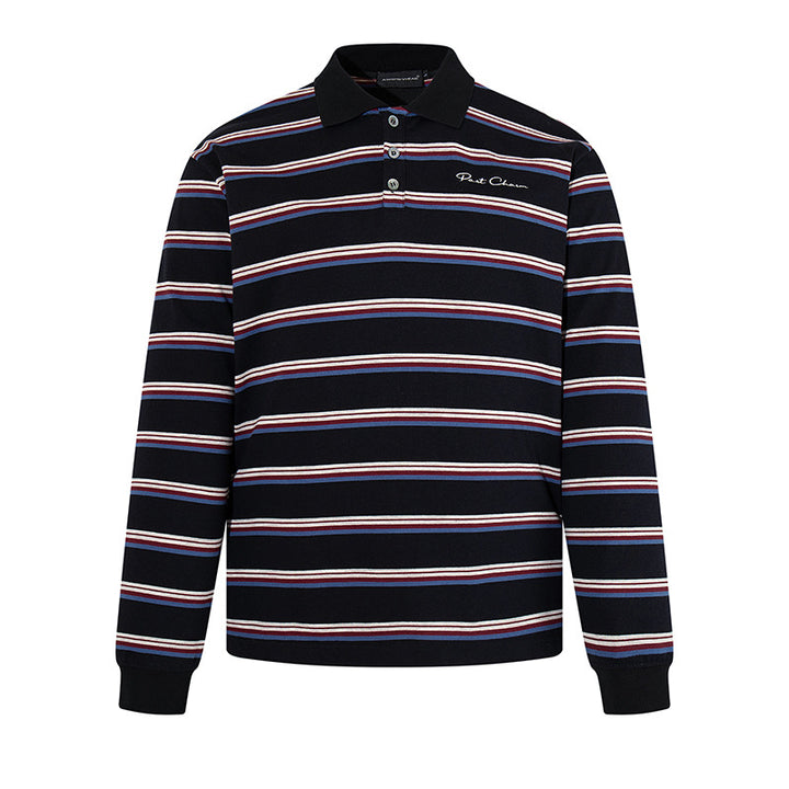 Men's Long Sleeve Polo Shirt with Retro Stripes, Ribbed Cuffs and Button Placket Mune Fashion