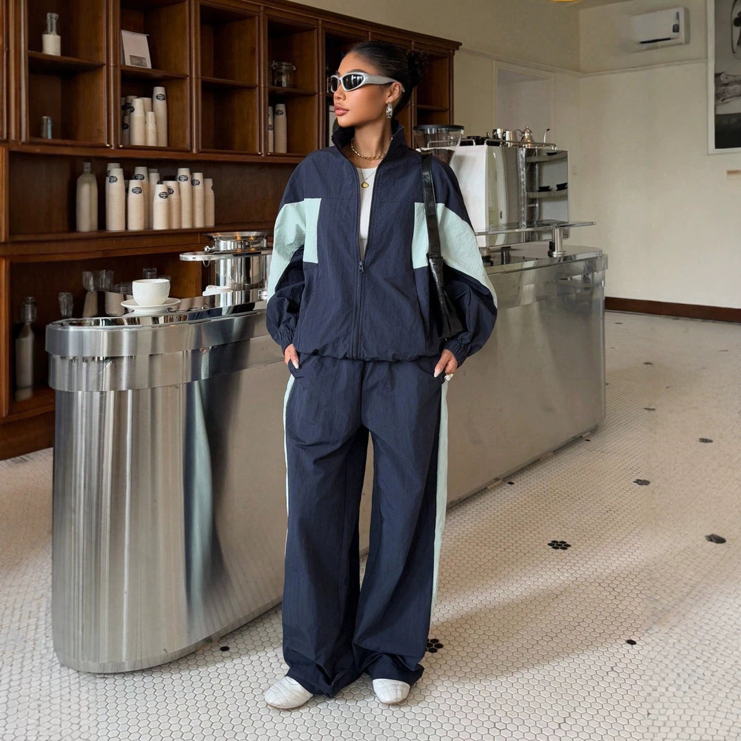 Women's Cropped Training Jacket and High-Cut Wide-Leg Jogging Pants Set Mune Fashion