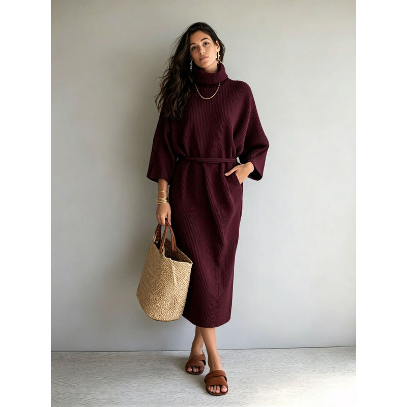 Women's midi dress made of ribbed knit with roll neck, tie belt and side pockets Mune Fashion