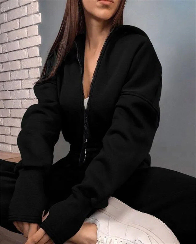 Ladies Tailored Hooded Sweat Jumpsuit with Zipper and Elastic Waistband Mune Fashion