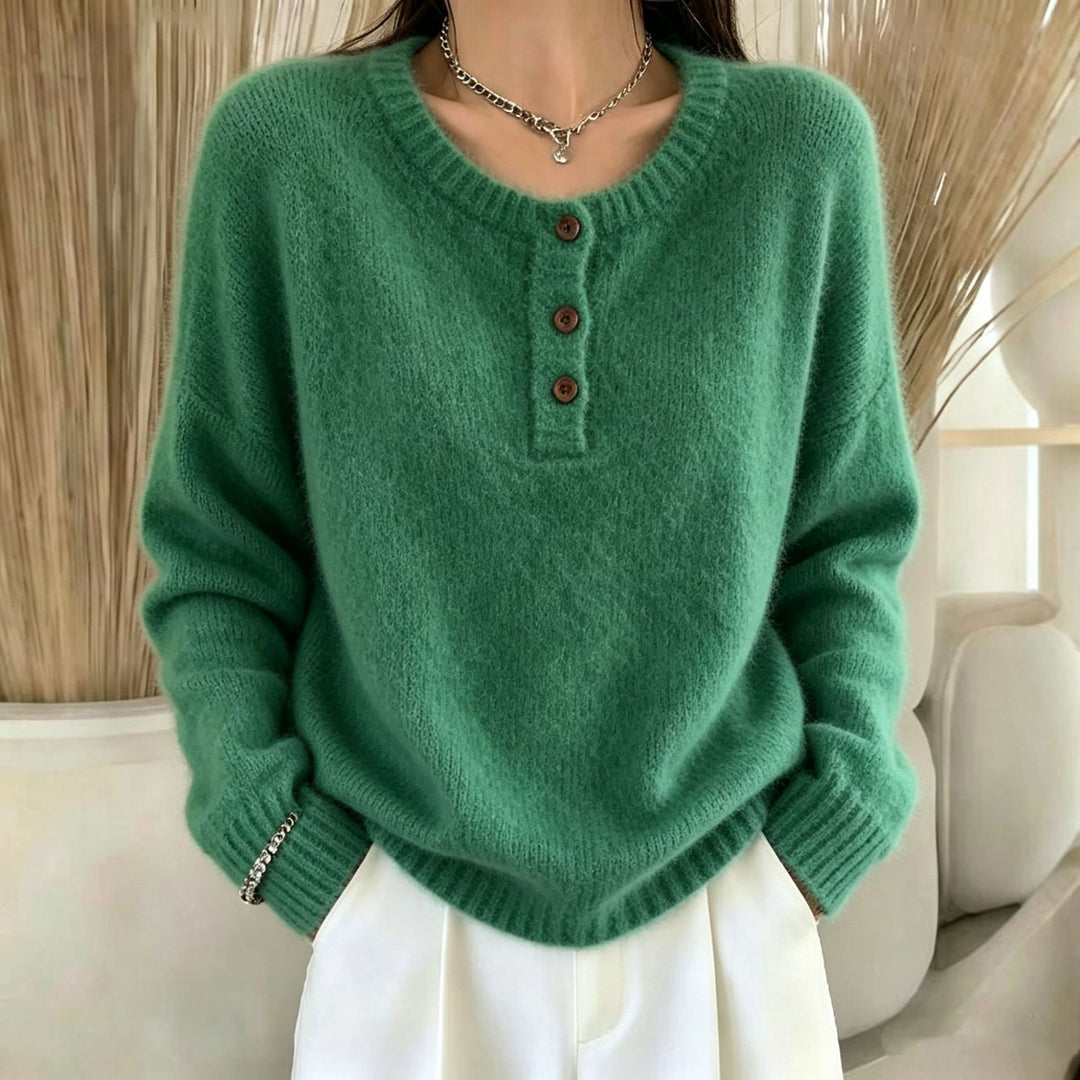 Women's Cozy Round Neck Henley Sweater with Button Placket and Raglan Sleeves Mune Fashion