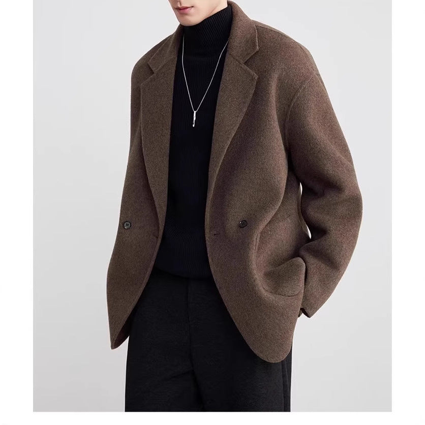Men's Oversized Double-Breasted Wool Blend Short Coat with Patch Pockets Mune Fashion