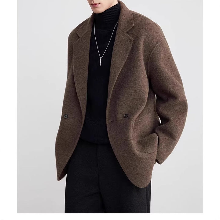 Men's Oversized Double-Breasted Wool Blend Short Coat with Patch Pockets Mune Fashion