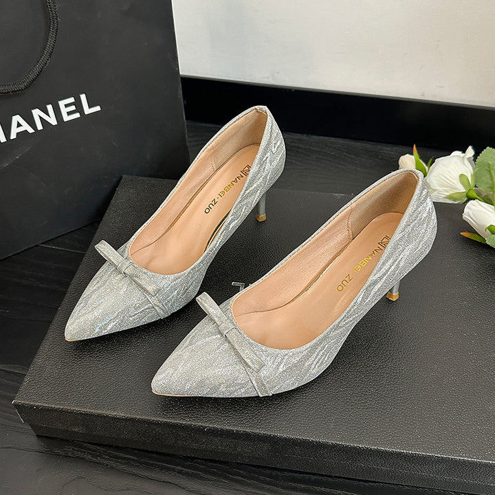 Women Shiny pointed toe stiletto pumps with decorative bow Mune Fashion