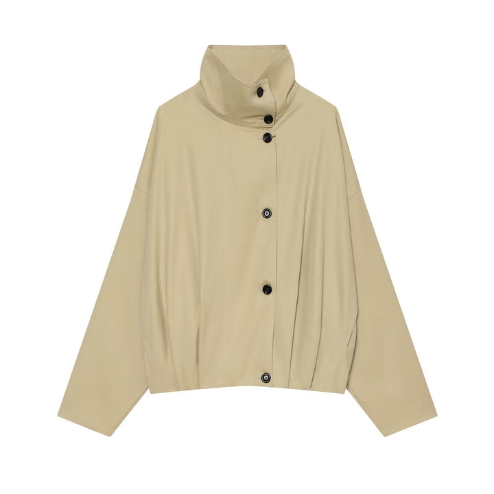 Women's Short Water-Repellent Cape Jacket with High Stand-Up Collar and Concealed Button Placket Mune Fashion
