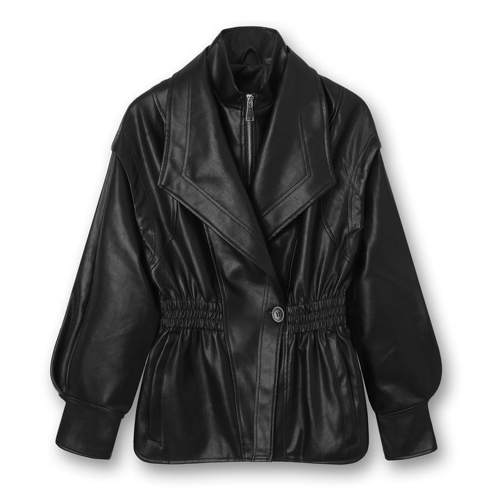 Ladies Fashionable Leather Jacket with Ruffle Mune Fashion