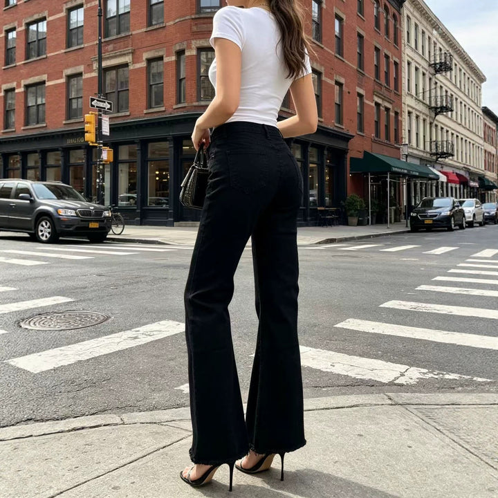 Women's high-waisted flared jeans with a flattering waistband, light stretch, and raw hem Mune Fashion