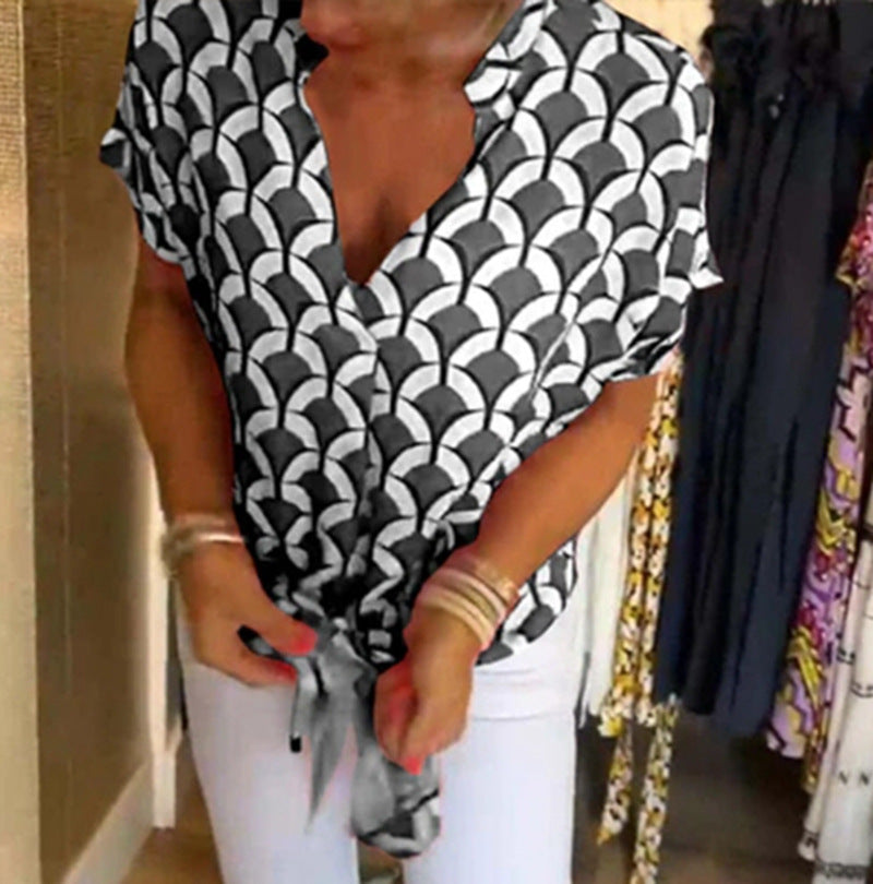 Women’s short-sleeved geometric blouse shirt with knot waistband and stand-up collar Mune Fashion