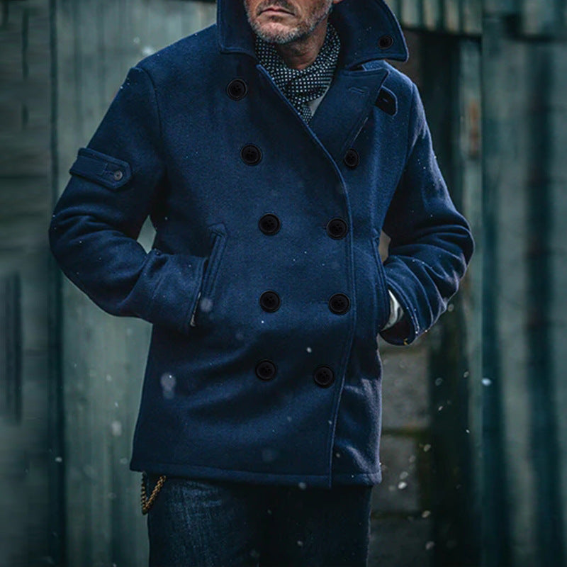 Men's Double-Breasted Wool Coat in Peacoat Style with High Collar Mune Fashion