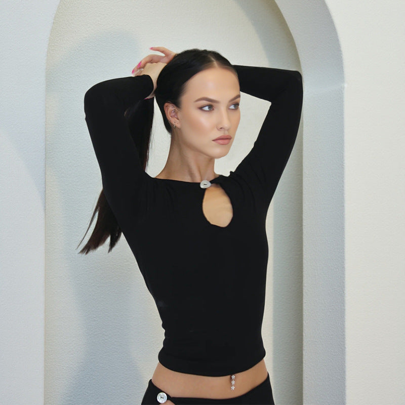 Women Two-Piece Form-Fitting Stretch Set with Long Sleeve Crop Top and Hip Cut-Out Skirt Mune Fashion