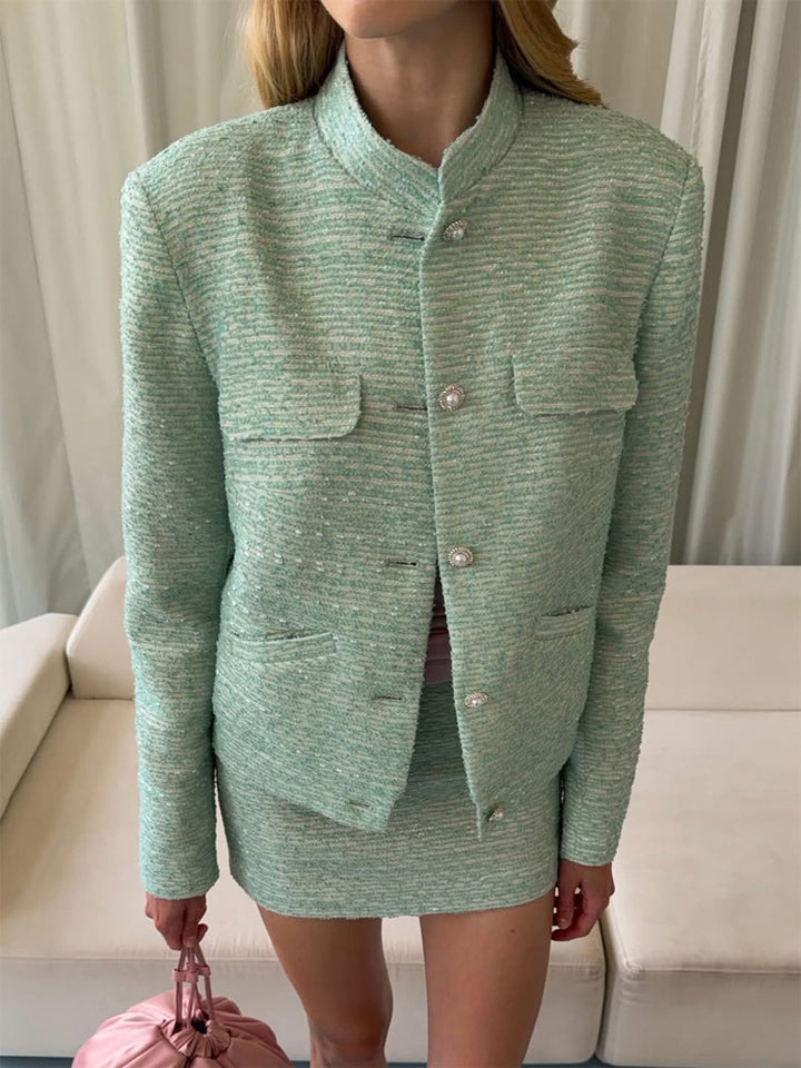 Women Tweed Two-Piece Short Jacket and Mini Skirt in Boucle Style Mune Fashion