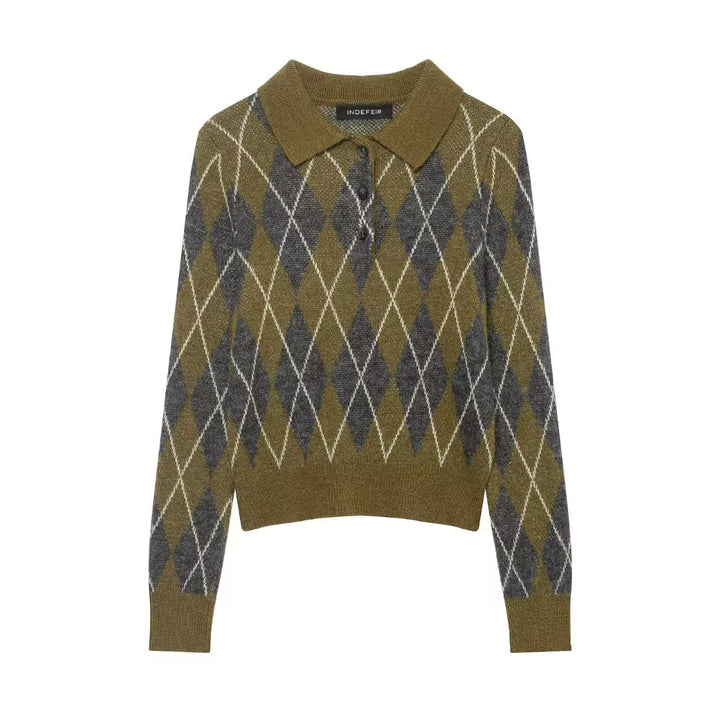 Women's Argyle Polo Knit Sweater with Cropped Cut, Ribbed Cuffs and Button Placket Mune Fashion