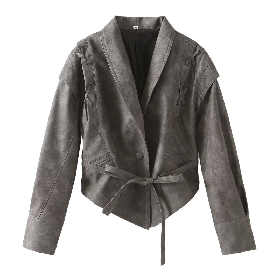 Women's short jacket in suede look with shawl collar, lacing details and waist belt Mune Fashion