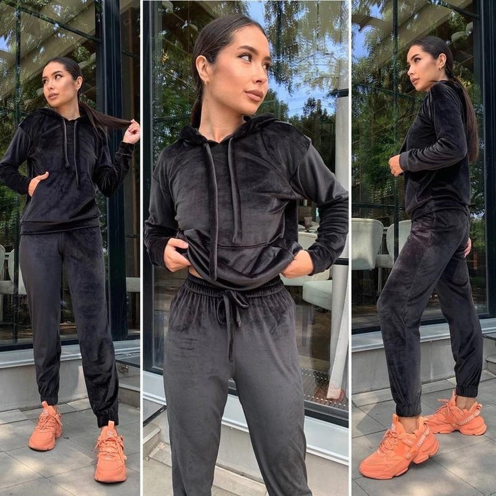 Women's Velvet Loungewear Set with Cropped Hoodie and Drawstring Joggers Mune Fashion