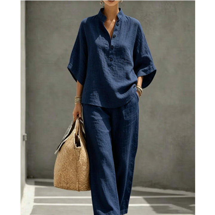 Women's loose linen two-piece with stand-up collar and wide leg Mune Fashion