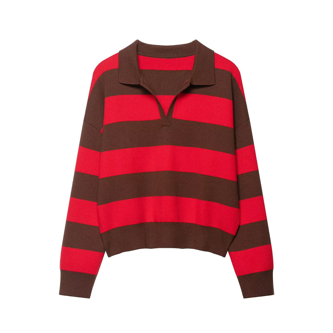 Women Striped Rugby Polo Sweater with V-Notch and Cropped Hem Mune Fashion