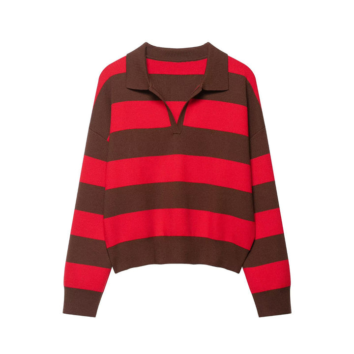 Women Striped Rugby Polo Sweater with V-Notch and Cropped Hem Mune Fashion
