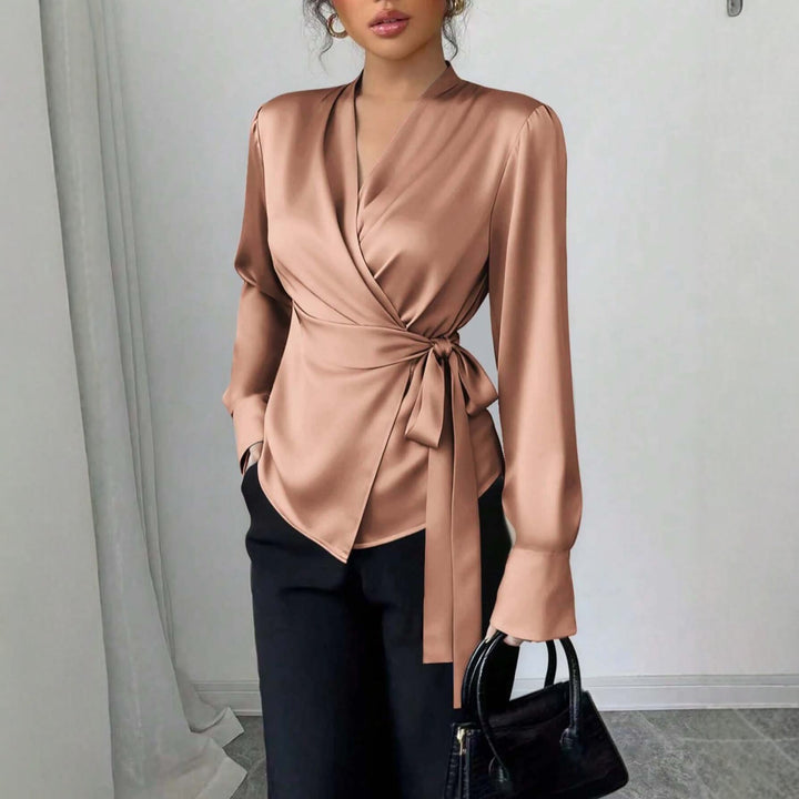 Women's Satin Wrap Blouse with V-Neck, Waist Belt and Slim Cuff Sleeve Mune Fashion
