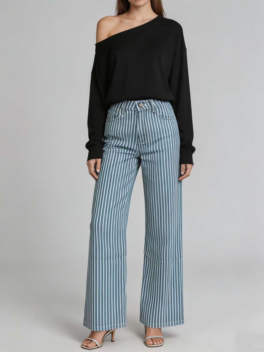 Ladies wide High-Waist Palazzo pants with vertical stripe design and quilted knee areas Mune Fashion