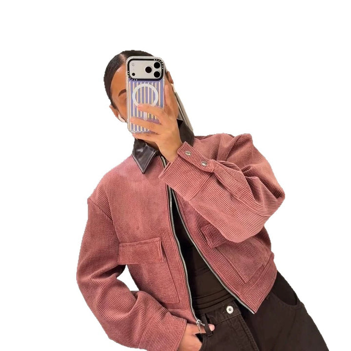 Women's Short Cord Jacket with Contrasting Leather Collar, Oversized Silhouette and Metal Zipper Mune Fashion