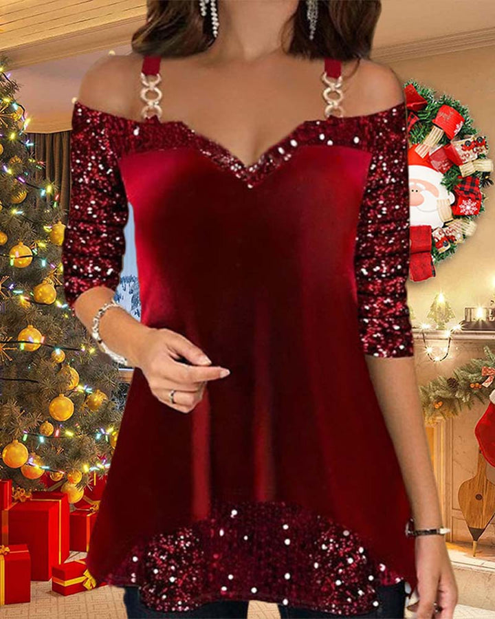 Ladies off-shoulder tunic top with V-neck, decorative chain straps and sequin sleeves Mune Fashion