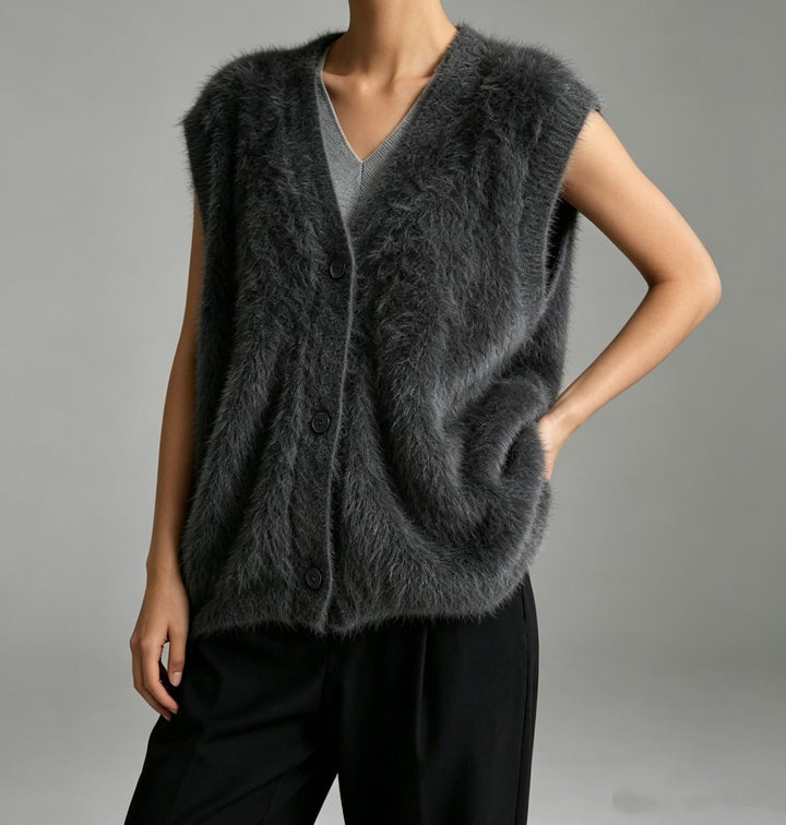 Women's Fluffy Sleeveless Button Vest made of Mohair Blend with Deep V-Neck Mune Fashion