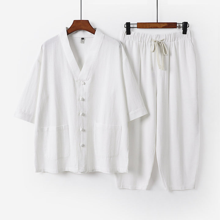 Unisex Lightweight Kimono Lounge Set made of Cotton-Linen with Short Sleeve Jacket and Drawstring Pants Mune Fashion