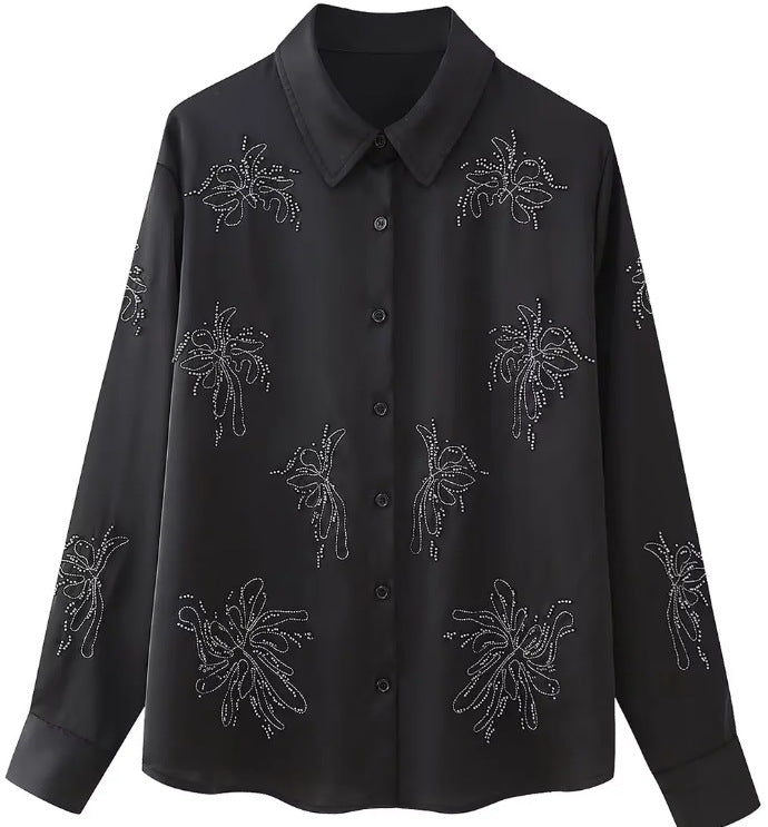 Women's embroidered silk-look blouse with sparkling crystal embellishments and shirt collar Mune Fashion