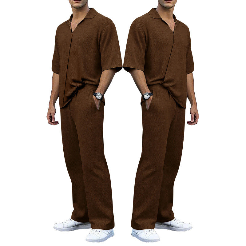 Men's finely structured two-piece set with open polo collar short sleeve shirt and straight comfort waistband pants Mune Fashion