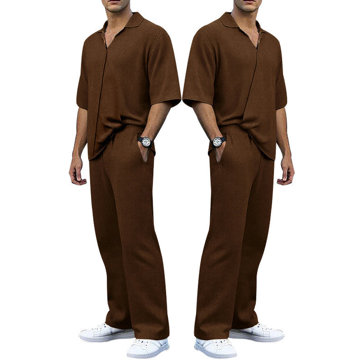 Men's finely structured two-piece set with open polo collar short sleeve shirt and straight comfort waistband pants Mune Fashion