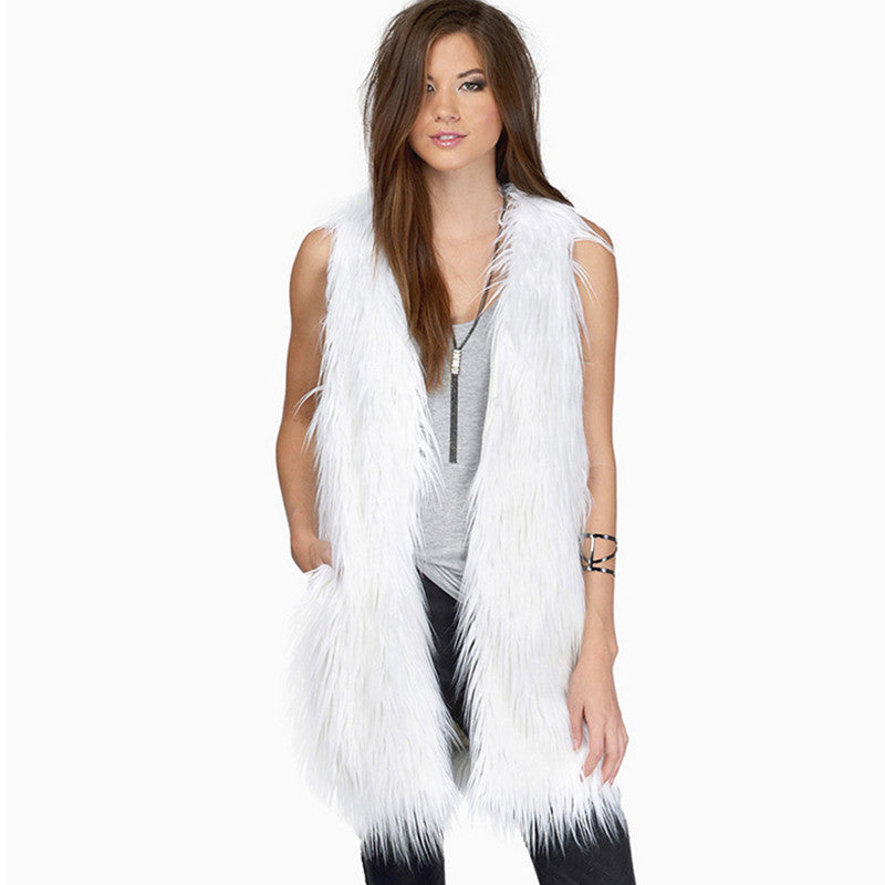 Ladies long sleeveless shaggy faux fur vest with concealing A-line and soft high-pile Mune Fashion