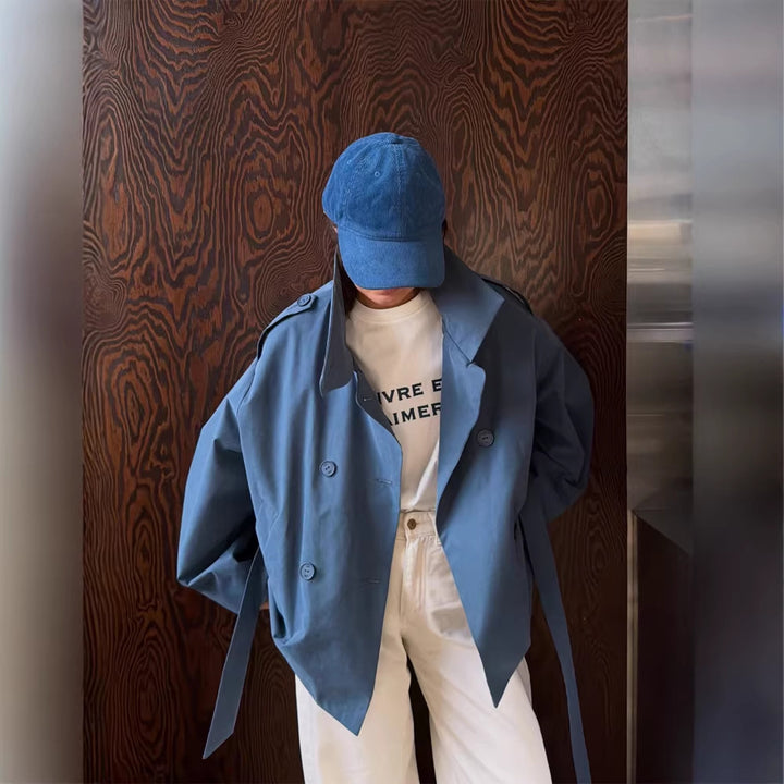 Women's Oversize Cropped Trench Coat with Wide Lapels and Tie Belt Mune Fashion