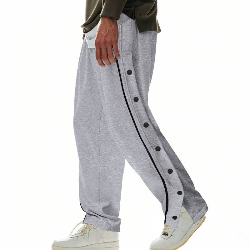 Men's wide training pants with side snap button placket, contrast stripes, elastic waistband, and straight leg Mune Fashion
