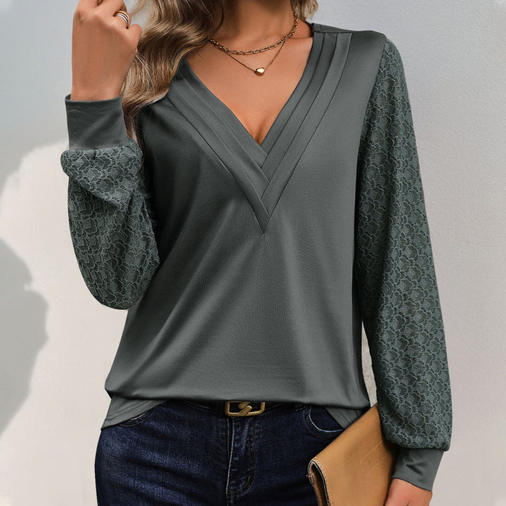 Ladies Elegant V-Neck Top with Lace Sleeves Mune Fashion