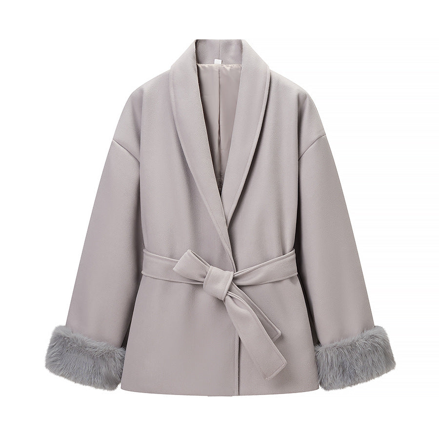 Women’s Wrap Coat with Tie Belt and Fur Trim on the Sleeves Mune Fashion