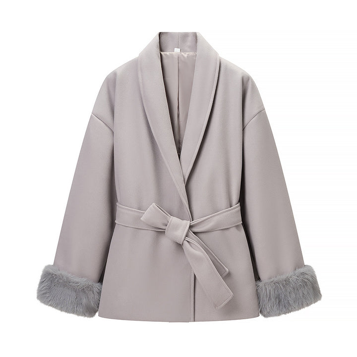 Women’s Wrap Coat with Tie Belt and Fur Trim on the Sleeves Mune Fashion