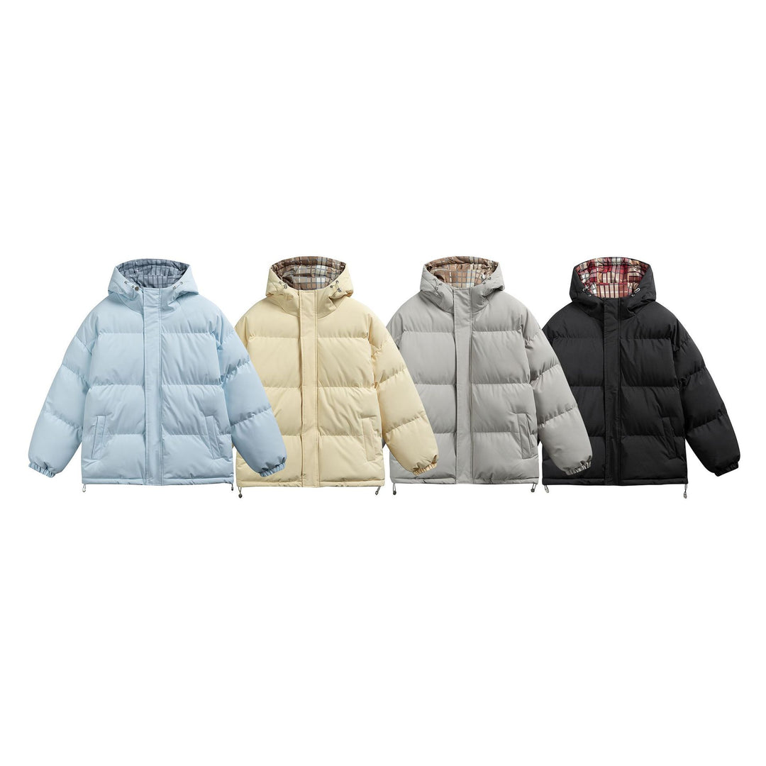 Women Padded Oversize Quilted Jacket with Hood, High Collar and Checked Lining Mune Fashion