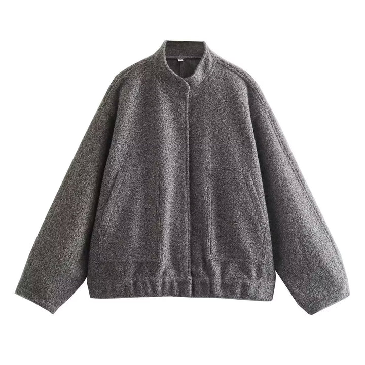 Women’s nan boxy wool blend blouson with stand-up collar, concealed front placket, side pockets and elastic hem Mune Fashion