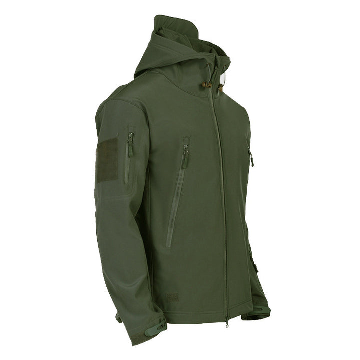 Men's tactical softshell jacket with hood, camouflage pattern and ergonomic stretch cut Mune Fashion