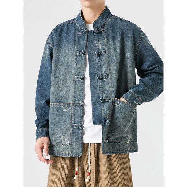 Men's Denim Work Jacket with Stand-Up Collar Mune Fashion