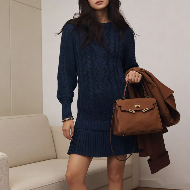 Women Long Cable Knit Sweater Dress with Round Neck Mune Fashion