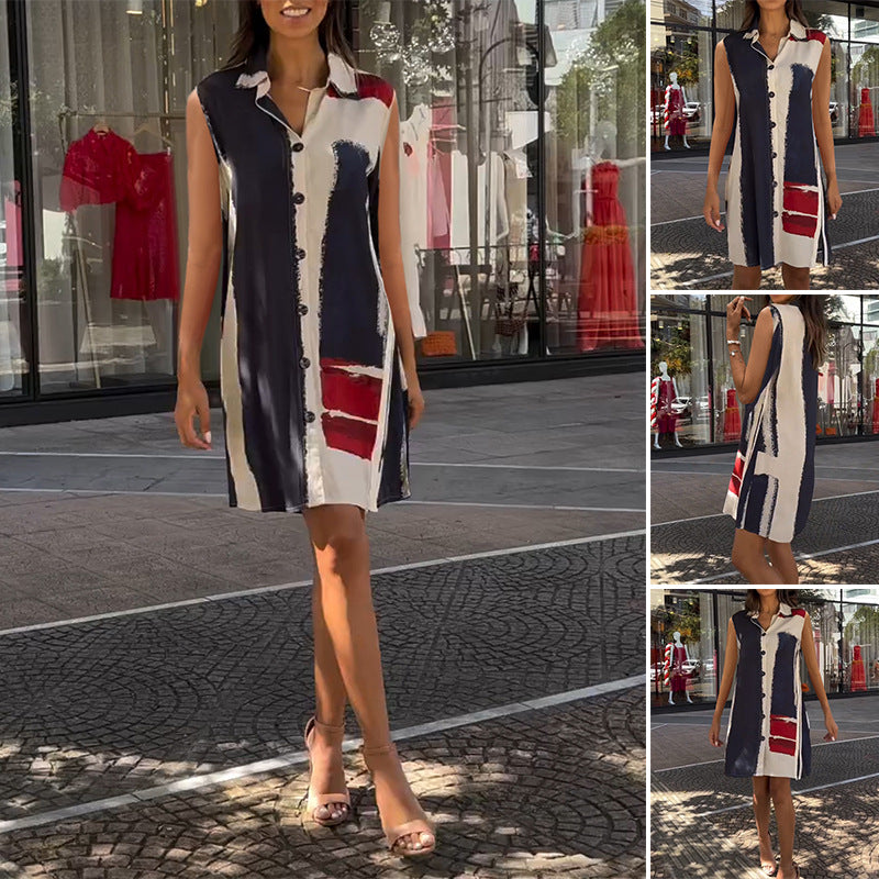 Women's sleeveless shirt tunic dress with collar, full button placket and graphic block print Mune Fashion