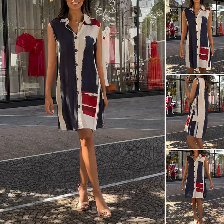 Women's sleeveless shirt tunic dress with collar, full button placket and graphic block print Mune Fashion