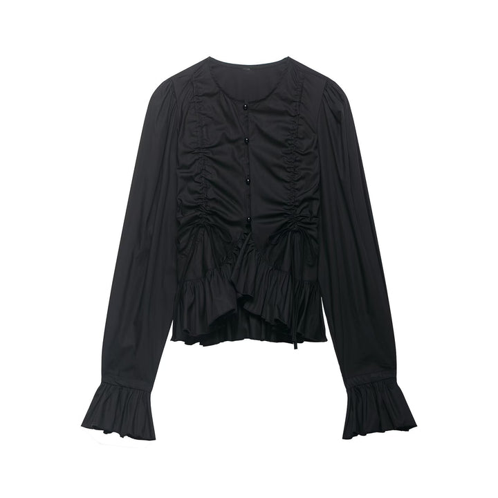 Women Ruffled Blouse with Drawstring, Balloon Sleeves and Ruffle Hem Mune Fashion