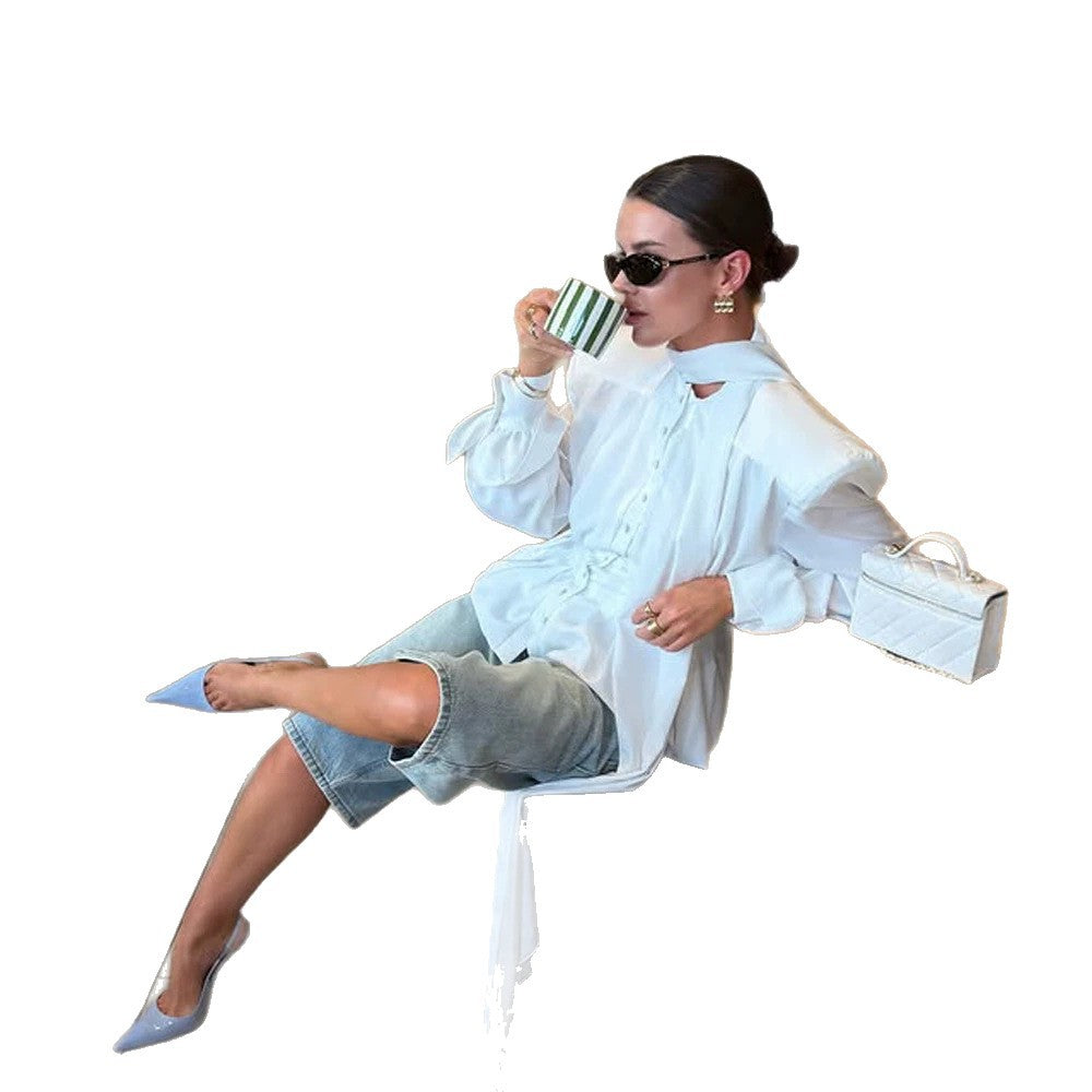 Women's Elegant Blouse with Bow Tie Collar, Emphasized Shoulders, and Long Ties Mune Fashion