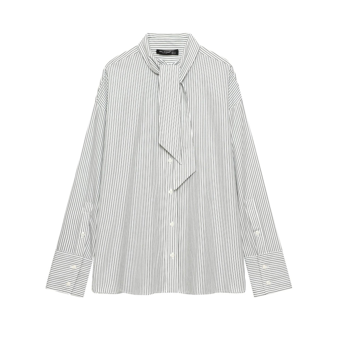 Women nan striped blouse with tie, concealed button placket and oversized cut Mune Fashion